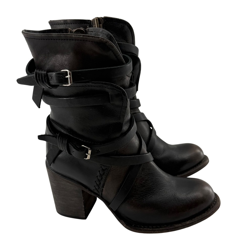 Freebird 7 Baker Boots Black Distressed Leather Buckle Strapโ Boho Western Fairy